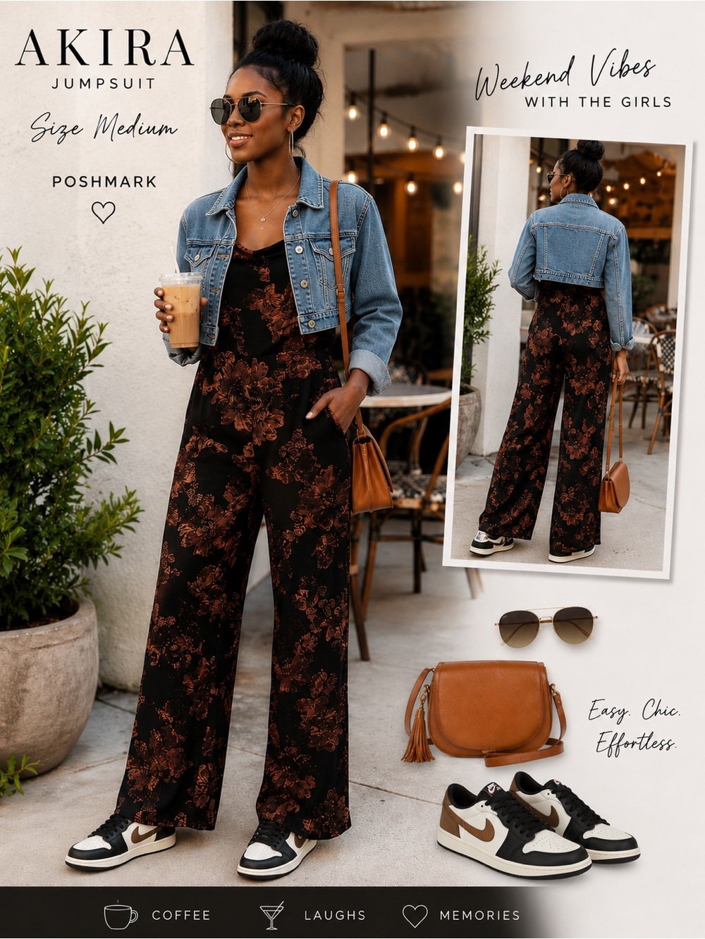 AKIRA Black Jumpsuit with Brown Floral Print